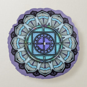 Lavender Purple Aqua Blue Mandala Vintage Boho Round Cushion