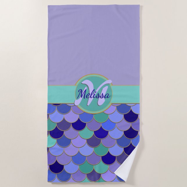 Lavender Purple & Aqua Mermaid | Monogram Name Beach Towel (Front)