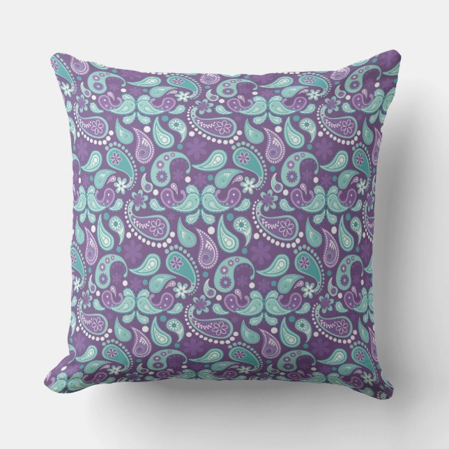 Lavender, Purple, Aqua Mix, Match Floral Paisley Cushion (Front)