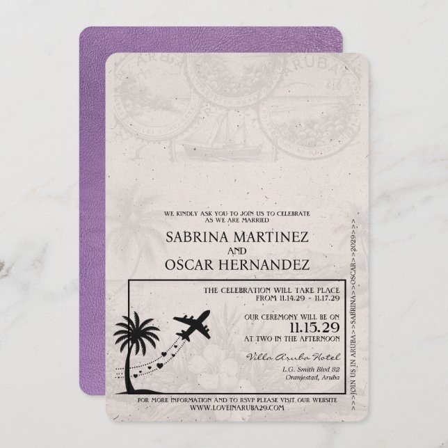 Lavender Purple Aruba Passport Wedding Invitation (Front/Back)