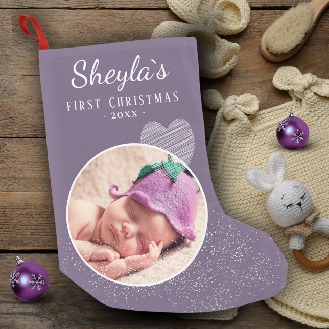 Lavender Purple Baby`s First Christmas Heart Photo Small Christmas Stocking (Creator Uploaded)