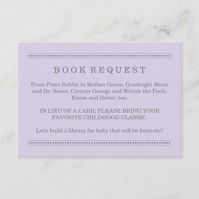 Lavender Purple Baby Shower Book Request Enclosure Card (Front)