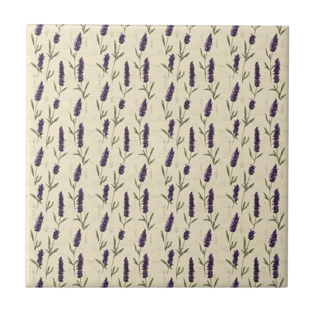 Lavender Purple Beige Botanical Floral Kitchen Ceramic Tile (Front)