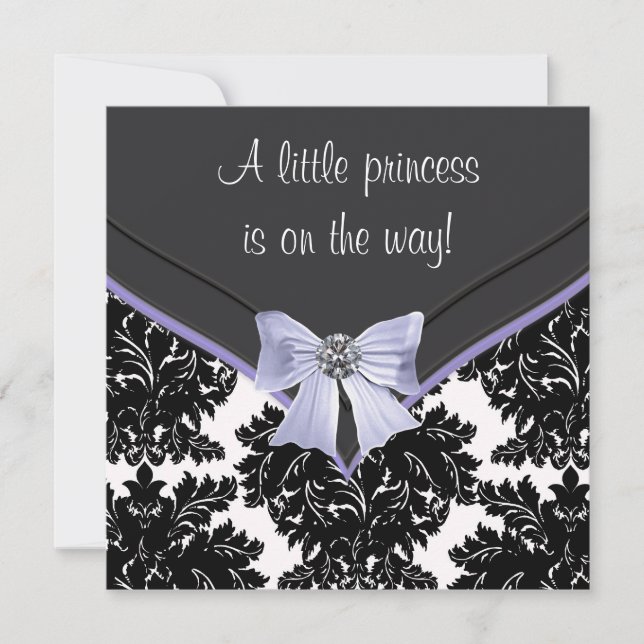 Lavender Purple Black Damask Bow Baby Shower Invitation (Front)