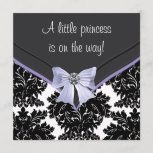 Lavender Purple Black Damask Bow Baby Shower Invitation