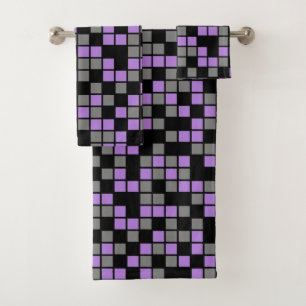 Lavender Purple, Black, Grey Random Mosaic Squares Bath Towel Set