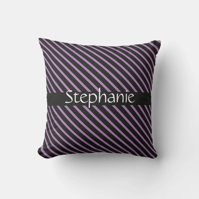 Lavender Purple Black White Custom Name Stripes Cushion (Front)