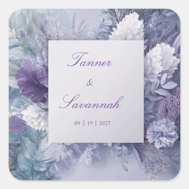 Lavender Purple Blue Floral Monochrome Elegant Square Sticker (Front)