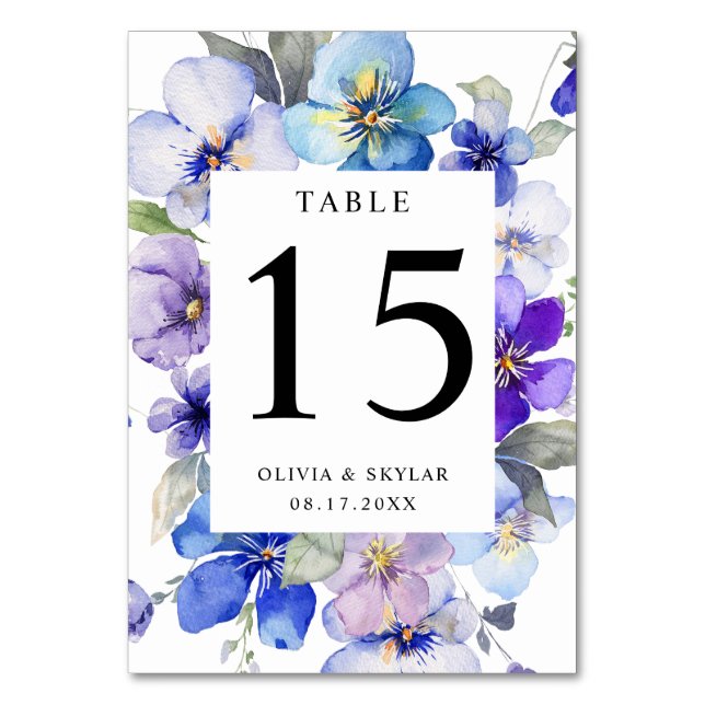 Lavender Purple Blue Navy Floral Frame Wedding Table Number (Front)