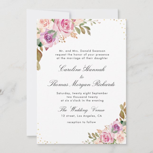 lavender purple & blush floral wedding invitation (Front)