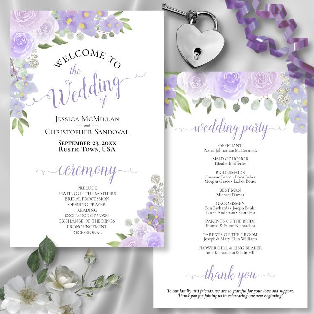Lavender Purple Boho Floral Budget Wedding Program (In Situ Front and Back)