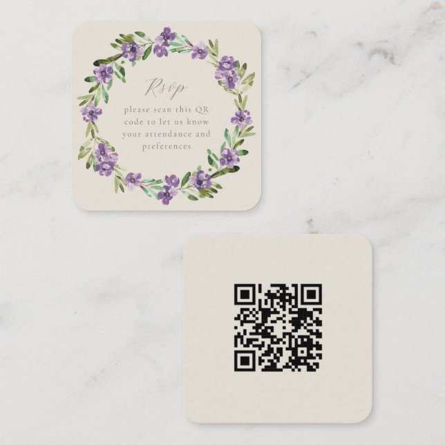 Lavender Purple Botanical Wreath QR Code RSVP   Enclosure Card (Front/Back)