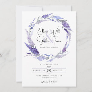 Lavender Purple Botanical Wreath Save The Date Invitation