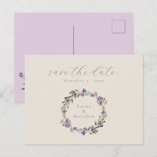 Lavender Purple Botanical Wreath Save the Date Postcard