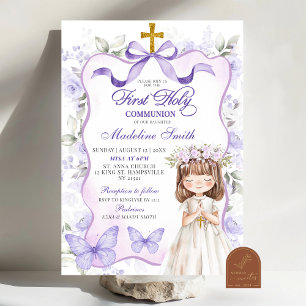 Lavender Purple Bow Coquette First Holy Communion Invitation