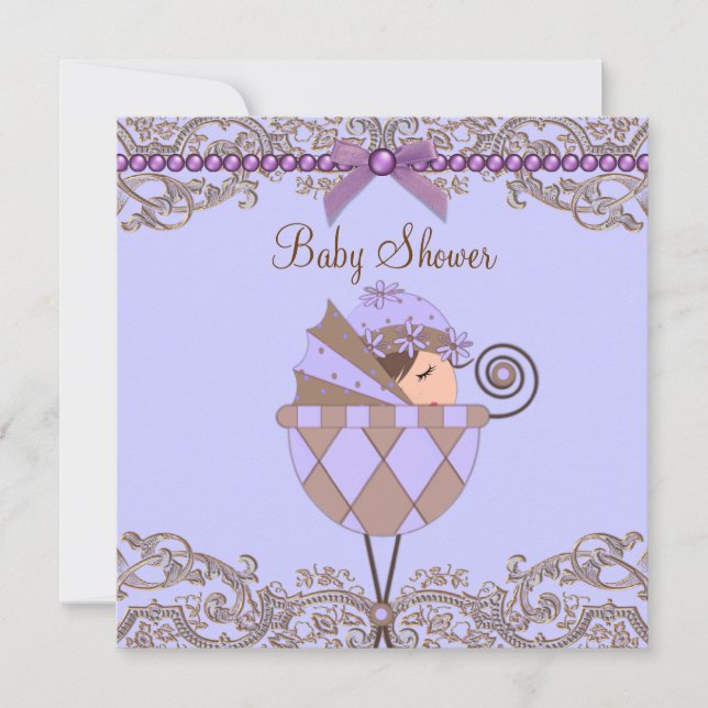 Lavender Purple Brown Lace Girl Baby Shower Invitation (Front)