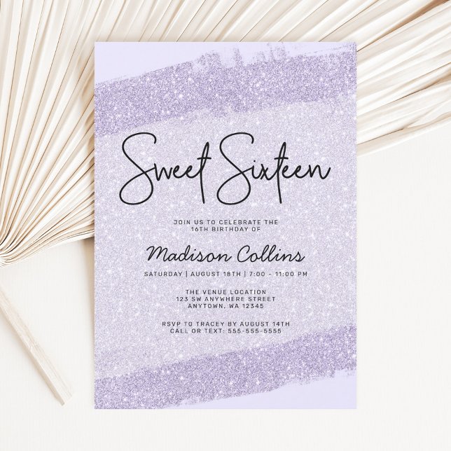 Lavender Purple Brush Glitter Sweet 16 Invitation (Creator Uploaded)