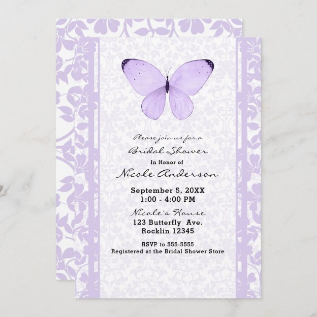 Lavender Purple Butterfly Floral Bridal Shower Invitation (Front/Back)