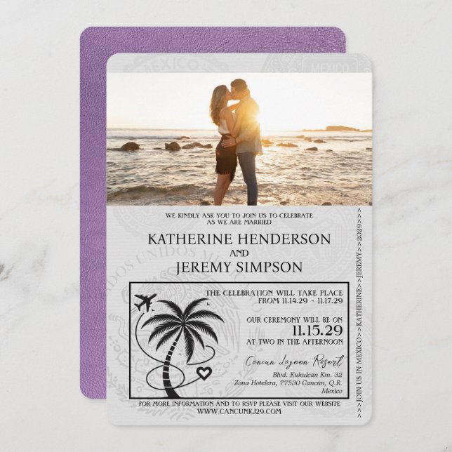 Lavender Purple Cancun Passport Wedding Invitation (Front/Back)