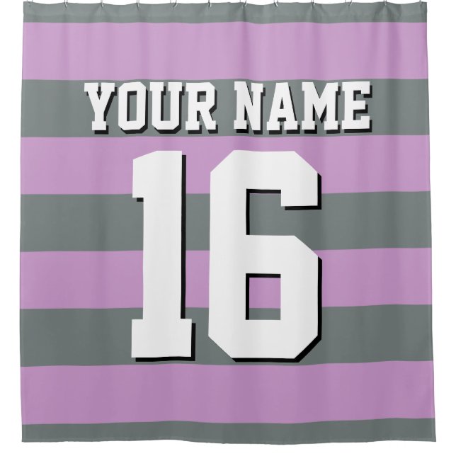 Lavender Purple Charcoal Sports Jersey Stripe Shower Curtain (Front)