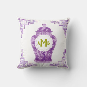 Lavender Purple Chinoiserie Ginger Jar Monogram Cushion