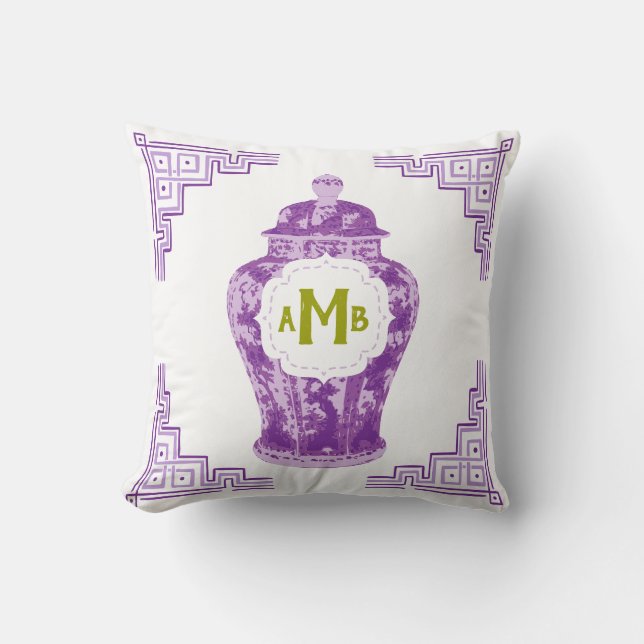 Lavender Purple Chinoiserie Ginger Jar Monogram Cushion (Front)