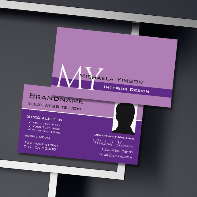 Lavender Purple Classic with Monogram and Photo Business Card (Creator Uploaded)
