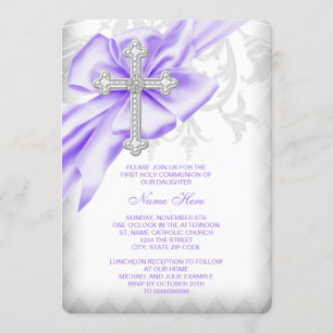 Lavender Purple Damask Cross First Communion Invitation