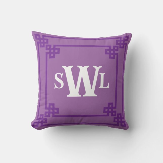 Lavender Purple Double Greek Key Monogram Design Cushion (Front)