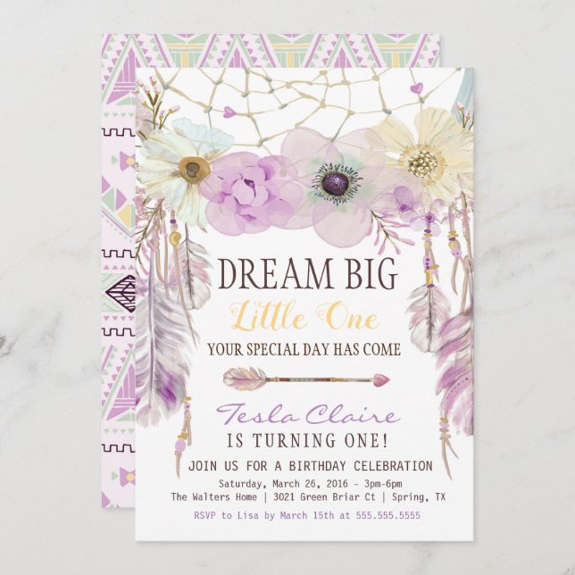 Lavender & Purple Dream Catcher Boho Birthday Invitation (Front/Back)