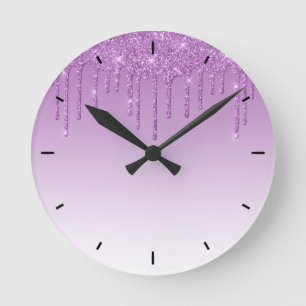 Lavender Purple Dripping Glitter Round Clock