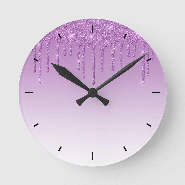 Lavender Purple Dripping Glitter Round Clock (Front)