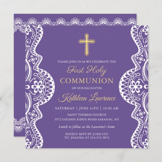 Lavender Purple Elegant Lace First Holy Communion Invitation (Front/Back)
