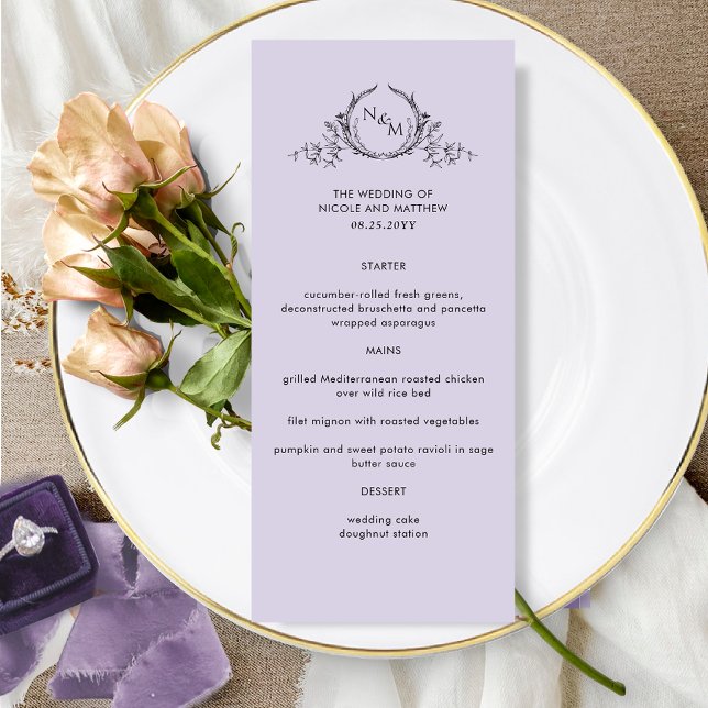 Lavender Purple Elegant Monogram Wedding Menu (Creator Uploaded)