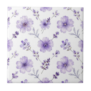 Lavender Purple Flax Flower Watercolor Pattern Ceramic Tile
