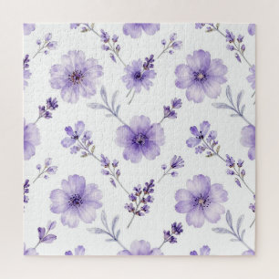 Lavender Purple Flax Flower Watercolor Pattern Jigsaw Puzzle