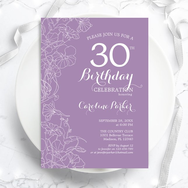 Lavender Purple Floral 30th Birthday Party Invitation (Creator Uploaded)
