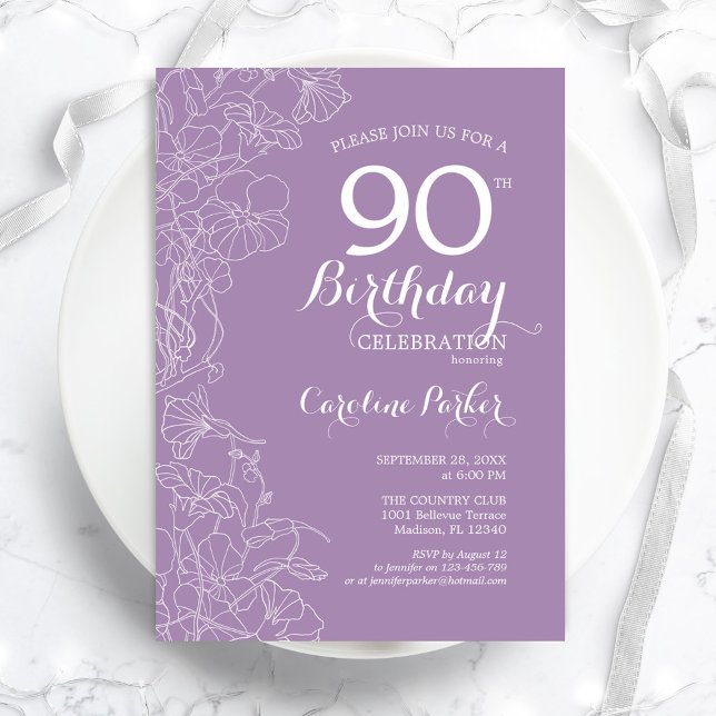 Lavender Purple Floral 90th Birthday Party Invitation (Creator Uploaded)