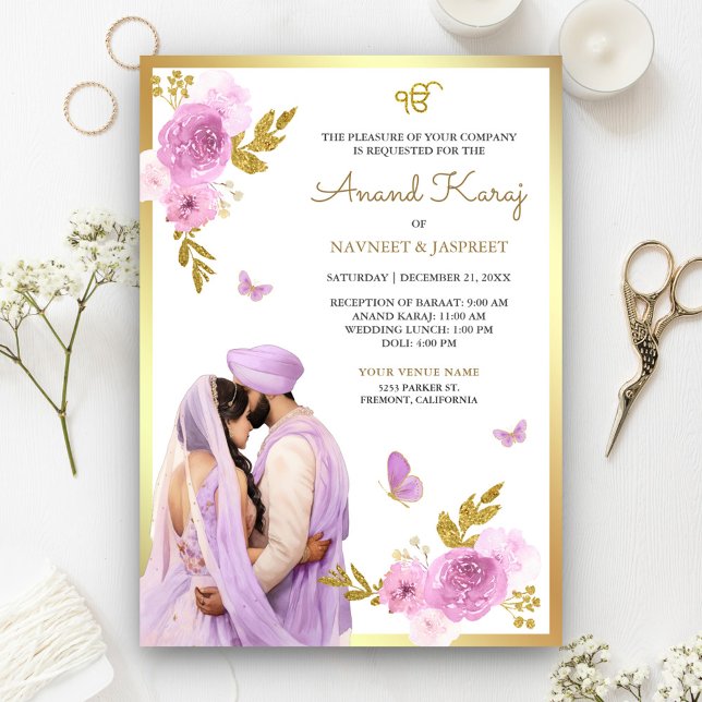 Lavender Purple Floral Anand Karaj Sikh Wedding Invitation (Creator Uploaded)