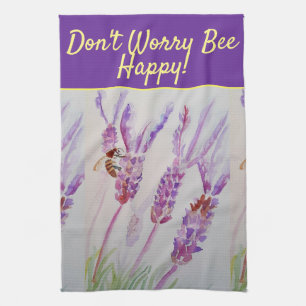 Lavender Purple Floral Art Don't Worry Bee Happy T Tea Towel
