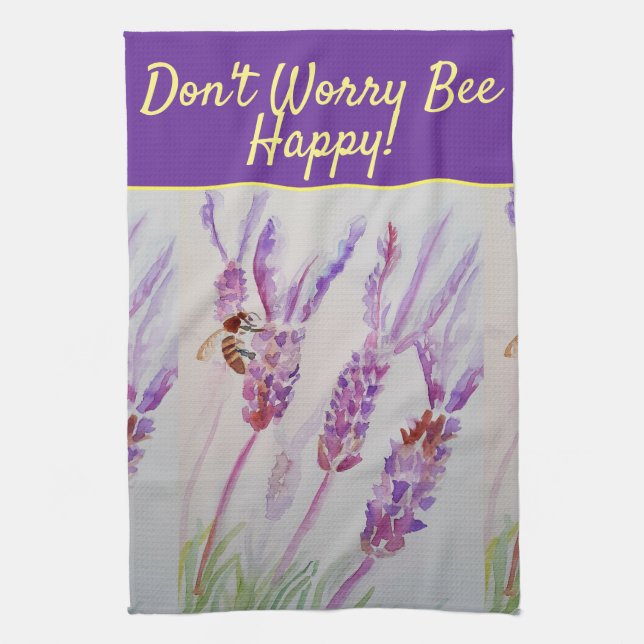 Lavender Purple Floral Art Don't Worry Bee Happy T Tea Towel (Vertical)