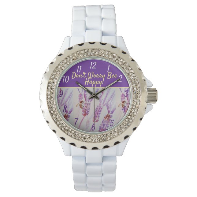 Lavender Purple Floral Art Don't Worry Bee Happy   Watch (Front)
