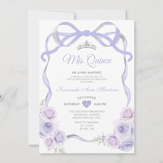 Lavender Purple Floral Bow Frame Silver Mis Quince Invitation (Front)