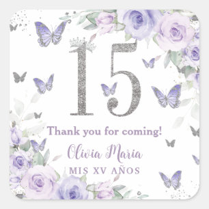 Lavender Purple Floral Butterflies Quinceañera 15 Square Sticker