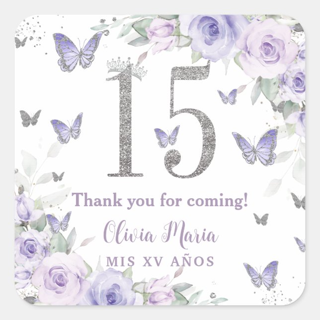 Lavender Purple Floral Butterflies Quinceañera 15 Square Sticker (Front)