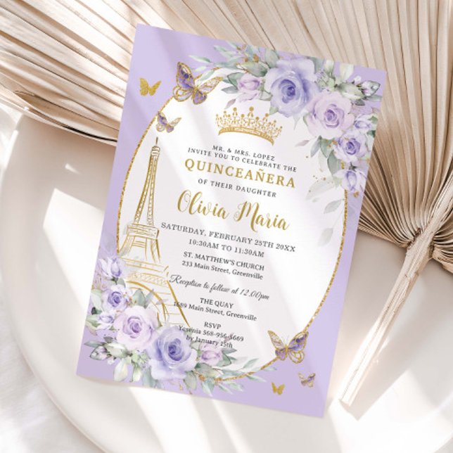 Lavender Purple Floral Butterflies Quinceañera 16 Invitation (pastel-soft-lavender-purple-lilac-floral-flowers-butterflies-gold-eiffel-tower-paris-france-invite)