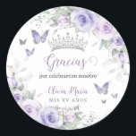 Lavender Purple Floral Butterflies Quinceañera Classic Round Sticker<br><div class="desc">Personalise these pretty floral Quinceañera / Sweet 16 / Cincoañera birthday sticker labels easily and quickly. Simply click the customise it further button to edit the texts, change fonts and fonts colours. Featuring pretty pastel lavender purple flowers, delicate greenery and purple and silver butterflies. Matching items available in store. (c)...</div>