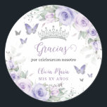 Lavender Purple Floral Butterflies Quinceañera Classic Round Sticker<br><div class="desc">Personalise these pretty floral Quinceañera / Sweet 16 / Cincoañera birthday sticker labels easily and quickly. Simply click the customise it further button to edit the texts, change fonts and fonts colours. Featuring pretty pastel lavender purple flowers, delicate greenery and purple and silver butterflies. Matching items available in store. (c)...</div>