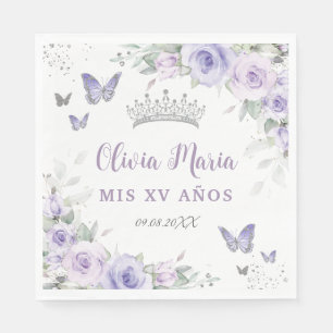 Lavender Purple Floral Butterflies Quinceañera Napkin