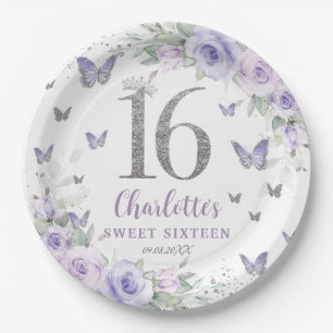 Lavender Purple Floral Butterflies Sweet 16  Paper Plate